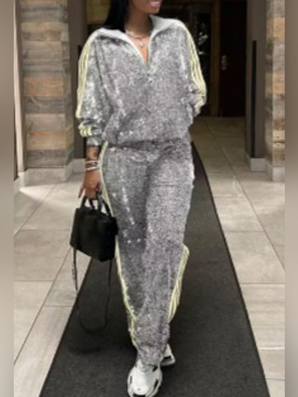 Sequin Lounge Joggers & Zip-Front Top - Silver